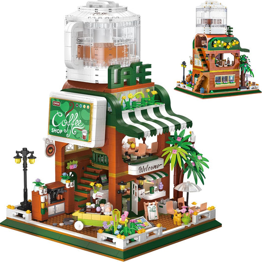 City Coffee House Mini Blocks Model Set, MOC Street View Cafe Shop with LED Modular Architecture Three-Story House Mini Building Blocks Kits Not Compatible with Lego for Kids Adults 1951 PCS
