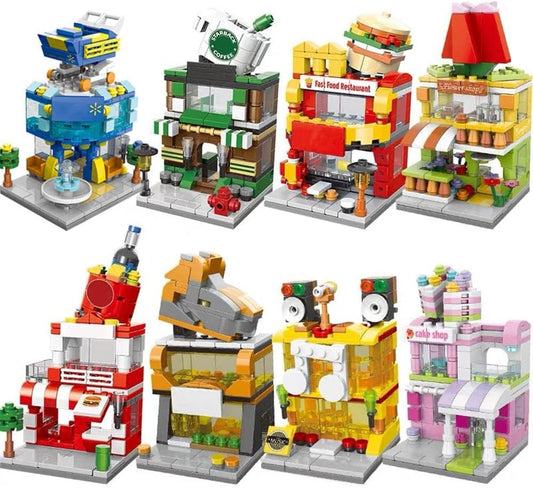 8 Packs Mini City Street View Building Blocks Set Architecture House Hamburger Store Coffee Shoe Store Cake Flower Shop,Girls Toy Set, Birthday Gifts for 6-12Years Old (1439PCS)