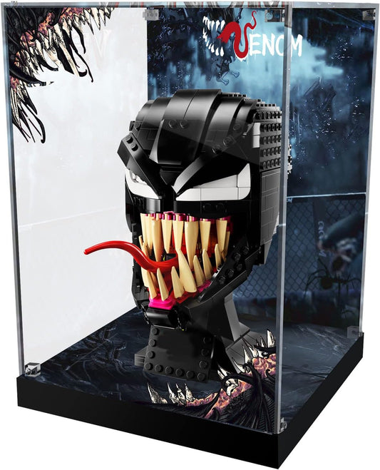 Acrylic Display Case for ( Lego Marvel Spider-Man Venom 76187 Head ) Building Block Model, Customized Decorative Clear Box, Clear Acrylic Plate with Base & Painted Background-7.5*7.5*10.3 inches