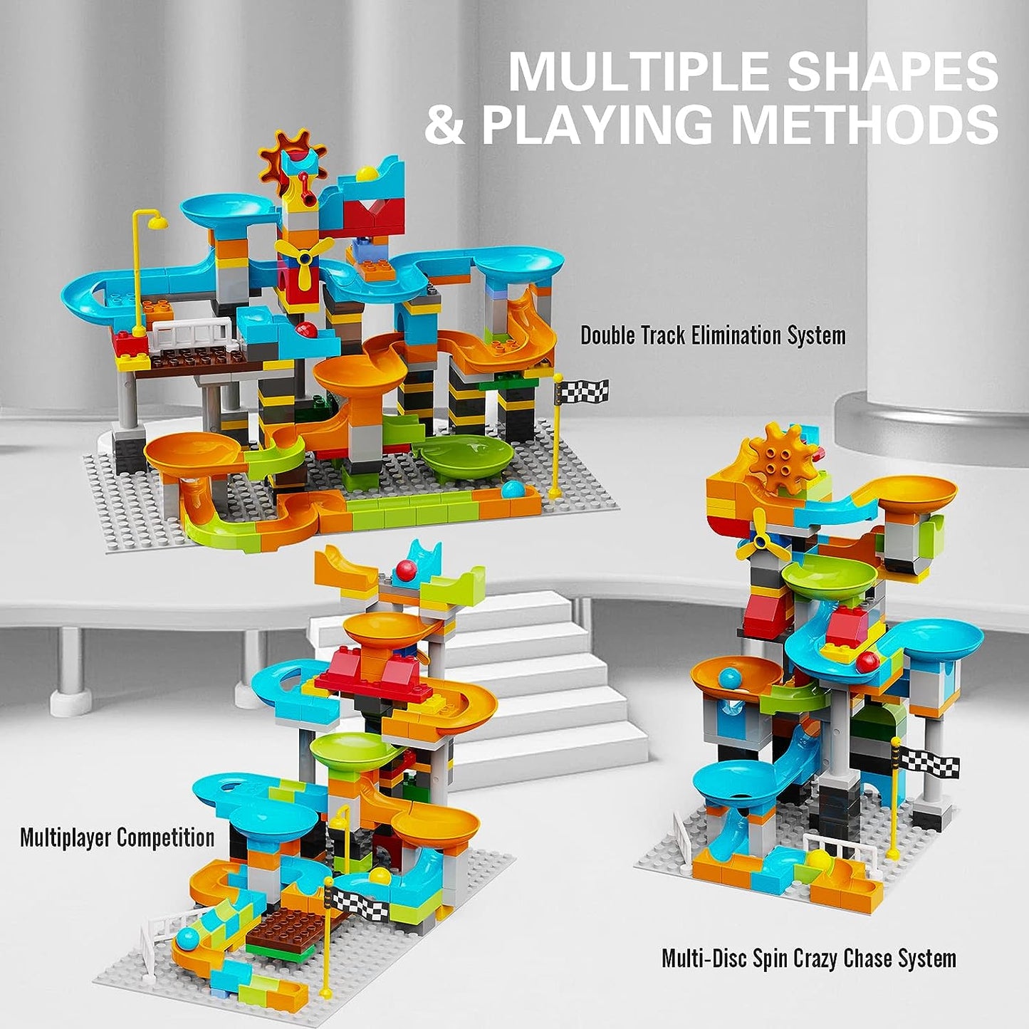 Marble Run Building Blocks Compatible with LEGO DUPLO/3-IN-1 Multiplayer/Gear Handle Fun Marble Maze Blocks Building Toy Set/164 PCS Classic Bricks/Gift Kids Toys for Boys/Girls Age 3 4 5 6 7 8+