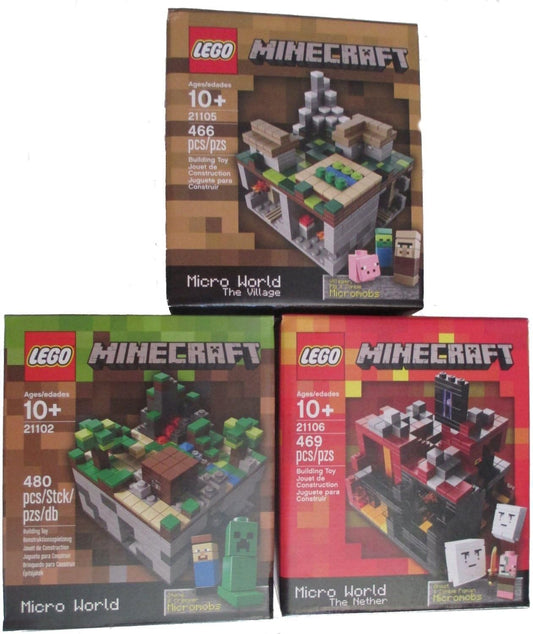 Minecraft Lego Collectible 3 Piece Set - (The Original) Minecraft 21102, the Village 21105, the Nether 21106. (Recommended Age 10-15 Yrs)