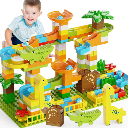 Dinosaur Marble Run Building Blocks 187Pcs/ Compatible with Lego DUPLO - Fun Jungle Theme Marble Maze Rush Track-Animal Marble Run Seesaw Slider ! - Gift Toys for Kids Age 3,4,5,6,7,8+
