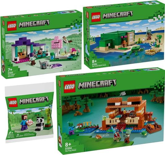 Lego Minecraft Set: 21256 The Frog House, 21254 The Turtle Beach House, 21253 The Animal Shelter & 30672 Steve with Baby Panda
