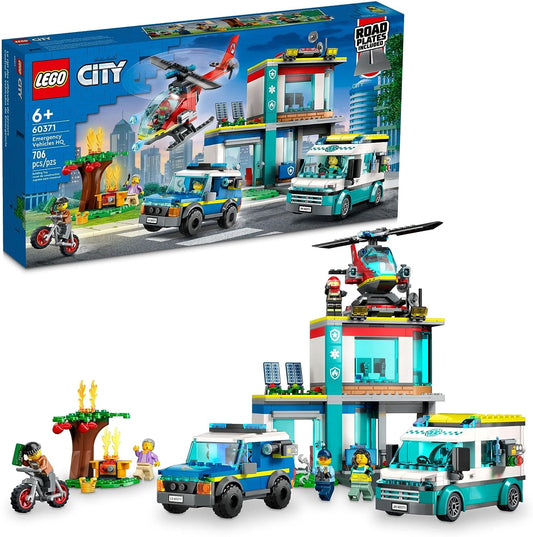 LEGO City Emergency Vehicles HQ 60371, Fire Rescue Helicopter Toy Set, Ambulance, Motorbike and Police Car Toys, Gift for Kids, Boys & Girls Age 6 Plus