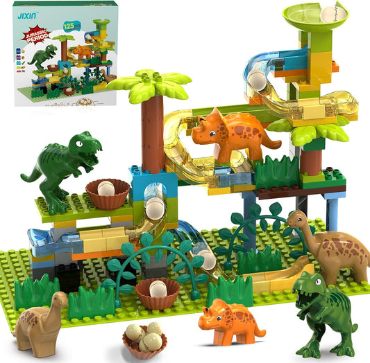 Dinosaur Marble Run Building Blocks/Compatible with LEGO DUPLO/Dino Eggs Fun Marble Maze Blocks/125 PCS Classic Brick Building Toy Set for Preschool Kids/Gift Toy for Boys/Girls Age 3 4 5 6 7 8+