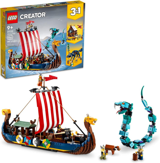 LEGO Creator 3 in 1 Viking Ship and The Midgard Serpent, Transforms from Amazing Ship to Viking House or Fenris Wolf Figure, Gifts for Kids, Boys, and Girls, 31132