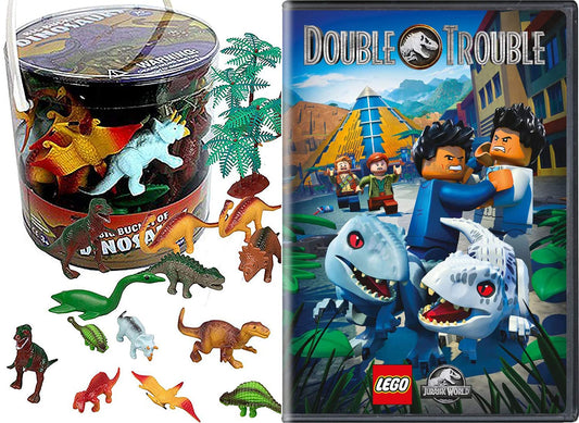 Owen's Mission Lego Jurassic World Dino Double Trouble Park Animated Brick Adventure DVD + Big Bucket of Dinosaurs mini figures fun pack