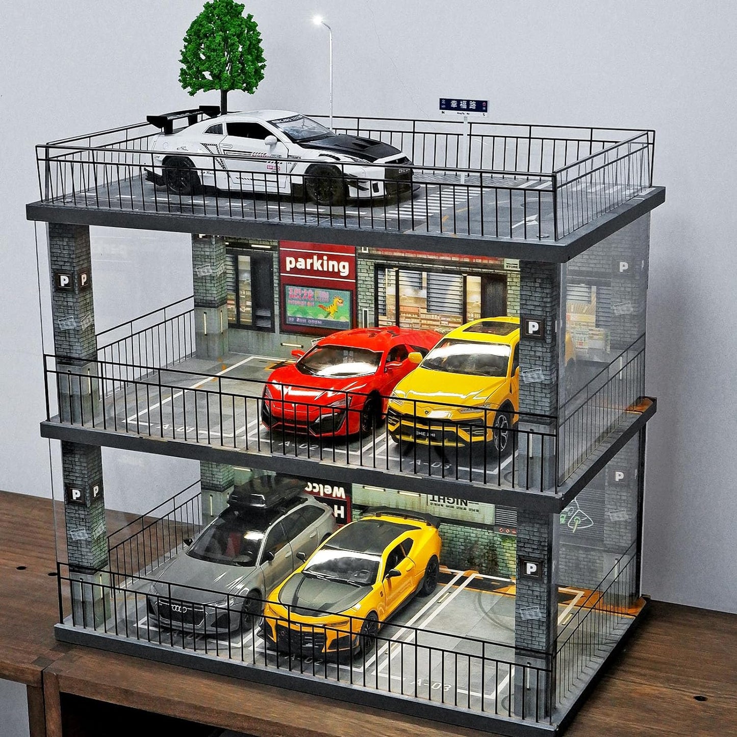 1:24 Scale Diecast Model Car Display Case Cabinet with USB Lights and Acrylic Cover,Diorama Garage for Sport Cars and Lego Speed Champions Car Collectibles
