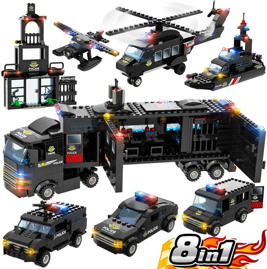 WishaLife 8 in 1 City SWAT Police Mobile Command Center Truck Building Toy, Police Station, Car, Airplane, Boat, Gift for 6+ Year Old Kid, Boy, Girl