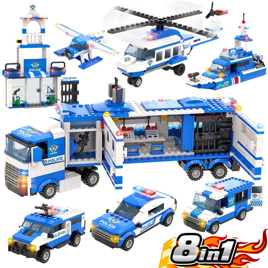 WishaLife 8 in 1 City Police Mobile Command Center Truck Building Toy, W/Police Station, Car, Airplane, Boat, Gifts for 6+ Year Old Kids, Boys, Girls