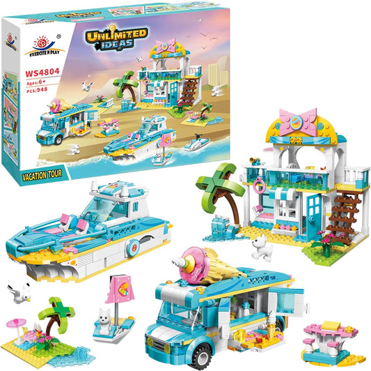 Friends Vacation Tour Building Kit Featuring Beach House, City Ice-Cream Truck, Yacht and Animal Toys, Creative Building Blocks Roleplay Christmas Birthday Gifts for Kids Girls Aged 6-12 (948 Pieces)