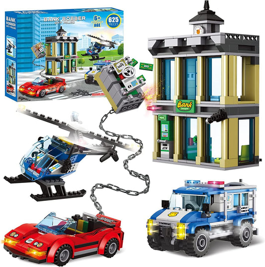 City Police Catch Thief Building Block Set with Cop Car, Bank, Helicopter, Getaway Sports Car, Fun Police Chase Toy for Kids, Best Learning & Roleplay STEM Toy Gift for Boys Girls Ages 6+ (625pcs)
