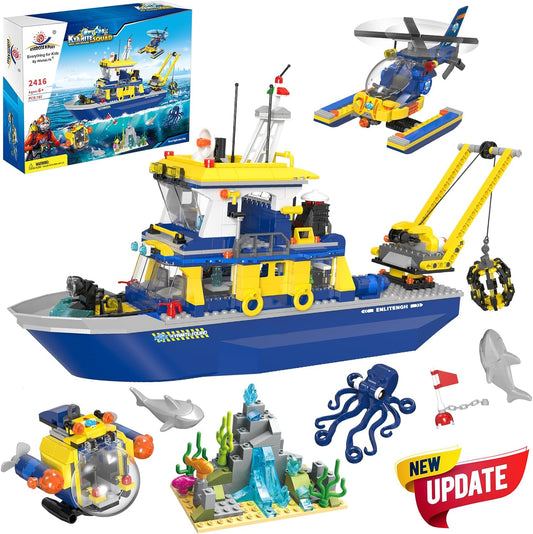 WishaLife City Ocean Exploration Ship Building Toy Set, W/Submarine, Helicopter, Shark, Octopus, Coral Reef, Fun Toy Gift for Kids Boys Girls 6+