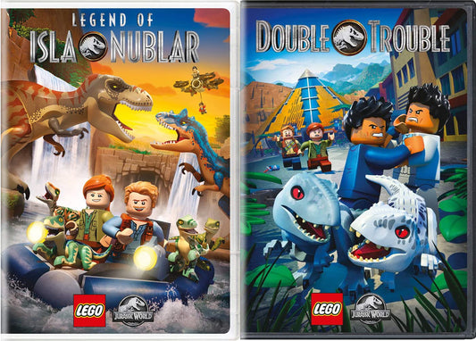 Get ready for Dino Action! Jurassic World Double Feature Lego Trouble DVD movie Pack + Dinosaur Legend of Isla Nubar