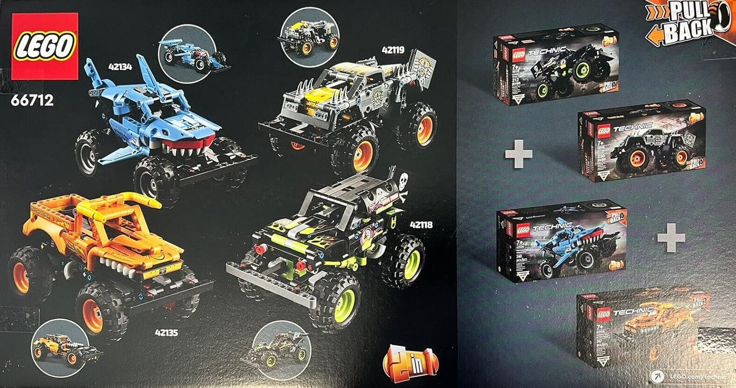 LEGO Technic Monster Jam Collection 66712 Model, Building Kit, 2-in-1 Pull Back Toy, Megalodon, Grave Digger, El Toro Loco and Max-D Monster Trucks, Ages 7+, 949 Pieces (2022), Multicolor