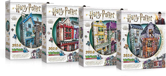 Wrebbit 3D - Harry Potter Diagon Alley Collection 3D Jigsaw Puzzles - Ollivander’s Wand Shop, Quality Quidditch Supplies, Madam Malkin’s and Weasleys’ Wizard Wheezes -Bundle of 4- Total of 1175 Pieces