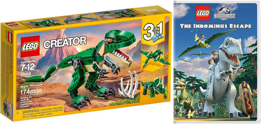 Lego Mighty Dinosaurs Set Jurassic World Animated DVD & Dinosaur Creator Pack - The Indominus Escape Movie & T-Rex Lego building kit bundle