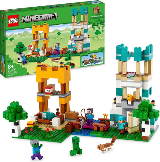 LEGO 21249 Minecraft The Building Box 4.0, Set 2in1 Build River Towers or Cat Hut, with Alex, Steve, Creeper and Zombie Mobs Figures, Toys for Kids